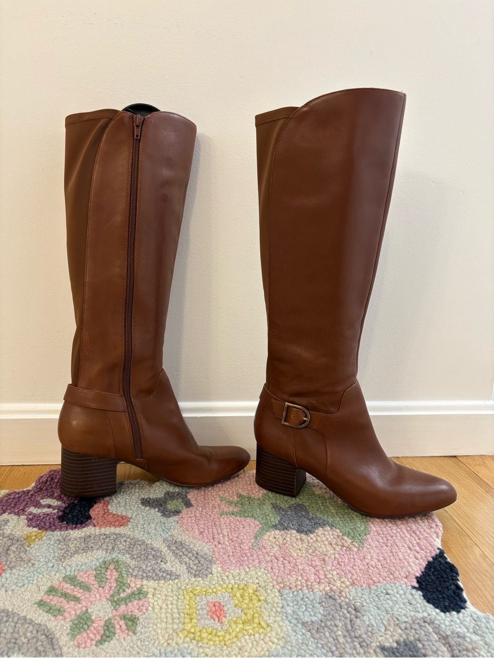 Women's Tall Brown Leather Block Heel Riding Boots